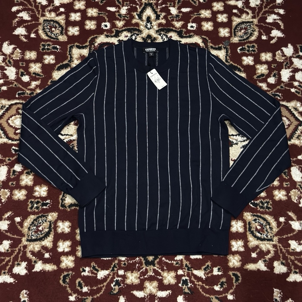 Size Small - Express Striped Pull Over Sweater Wool Blend Navy Grey